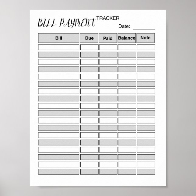 Monthly Bill Payment Tracker Log Poster (Front)