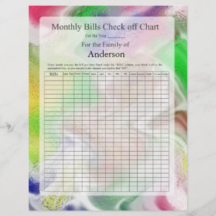 Monthly Bills Check off Chart Fuzzy Colours Design