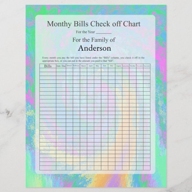 Monthly Bills Check off Chart Pastel Design (Front)