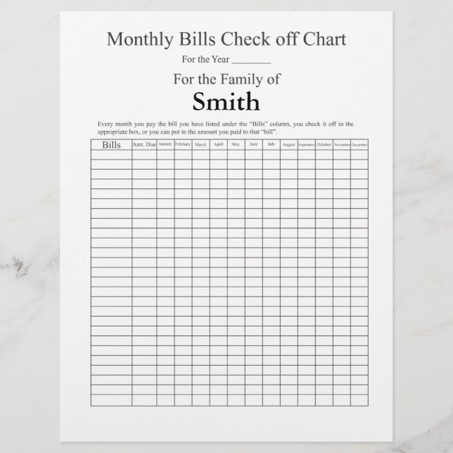 Monthly Bills check off list - Plain (Front)