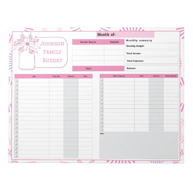 Monthly Budget and Bill Tracker Notepad (Front)