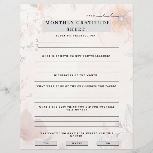  Monthly Gratitude Sheet  Custom Letterhead (Front)