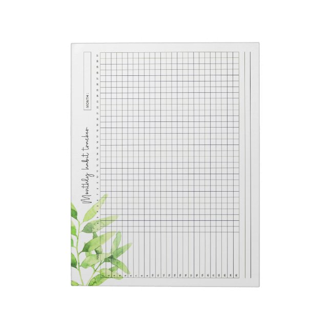 Monthly Habit Tracker Watercolor Green Leaves Notepad (Rotated)