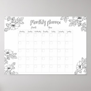 Monthly Planner hand sketch flowers and leaves Poster