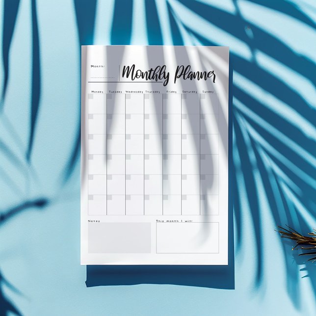 Monthly Planner Notepad (Minimalist monthly planner pad with modern script, undated grid, and notes section.)