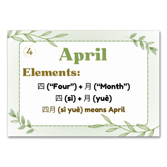 Months in Chinese (Flash Cards) Table Number (Front)