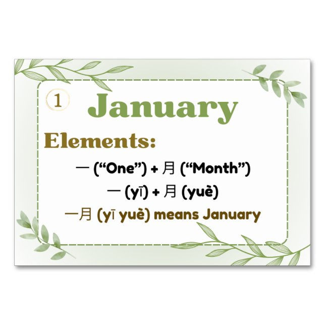 Months in Chinese (Flash Cards) Table Number (Front)