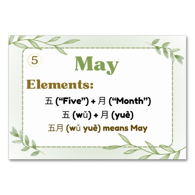 Months in Chinese (Flash Cards) Table Number (Front)