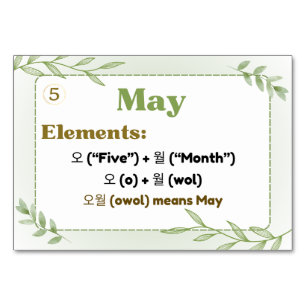 Months in Korean Hangul (Flash Cards) Table Number