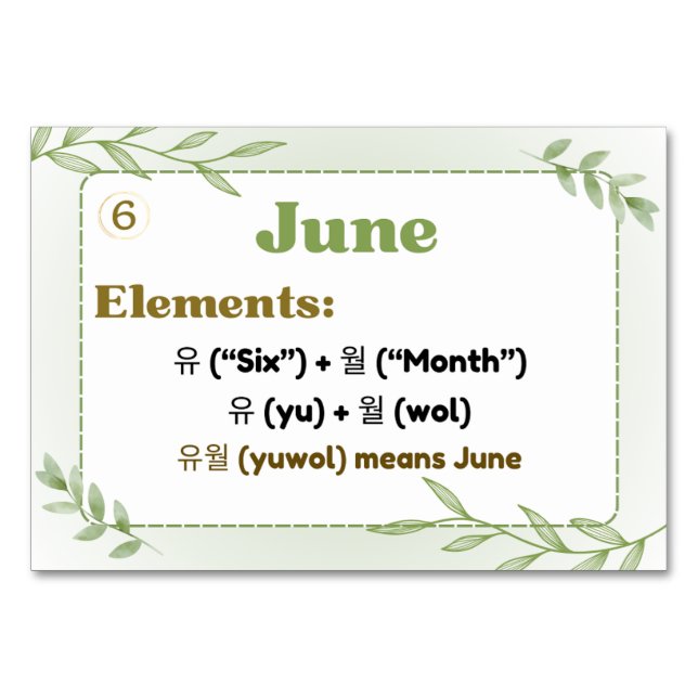 Months in Korean Hangul (Flash Cards) Table Number (Front)