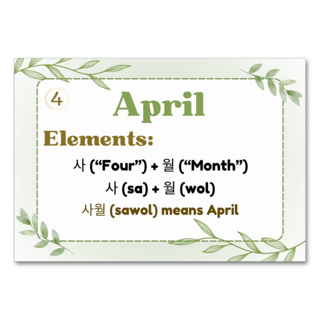 Months in Korean Hangul (Flash Cards) Table Number (Front)