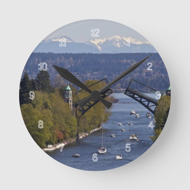 Montlake Bridge and Cascade Mountains Round Clock (Front)