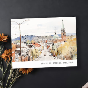 Montpelier City Scape Vermont Watercolor Travel Postcard