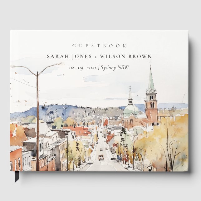 Montpelier City Scape Vermont Watercolor Wedding Guest Book (Front)