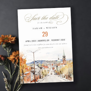Montpelier City Scape Vermont Watercolor Wedding Save The Date