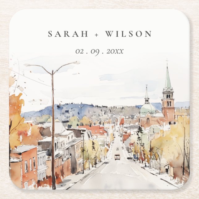 Montpelier City Scape Vermont Watercolor Wedding Square Paper Coaster (Front)