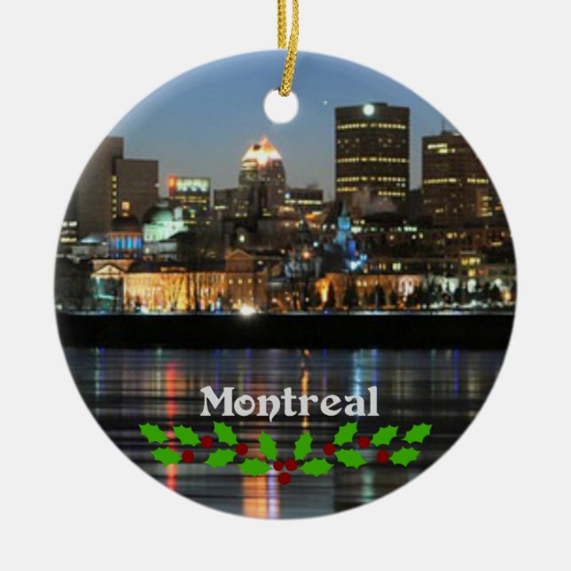 Montreal Skyline with green and red holly Ceramic Ornament (Front)
