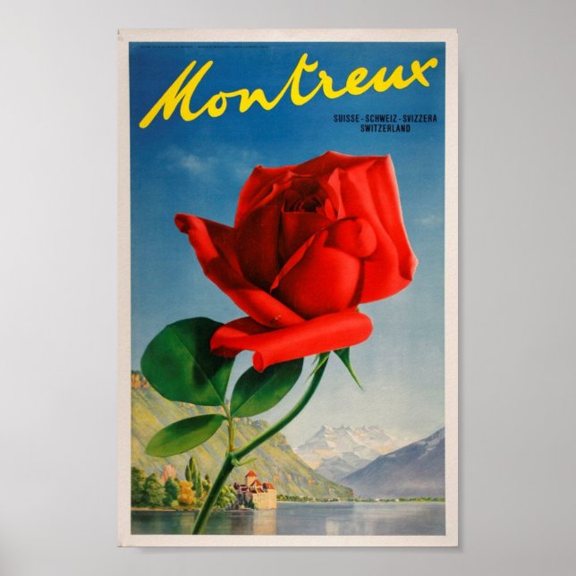 Montreux Switzerland rose vintage travel art Poster (Front)