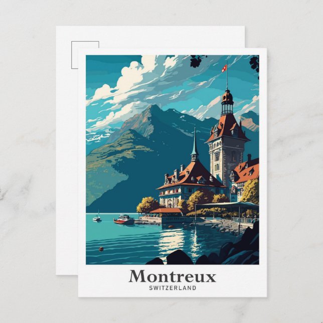 Montreux Switzerland Vintage Travel Illustration Postcard (Front/Back)