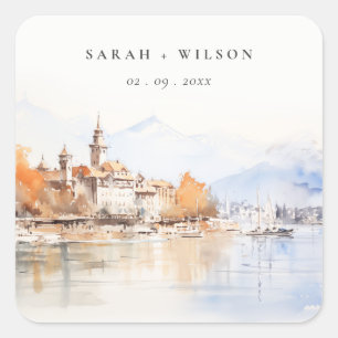 Montreux Switzerland Watercolor Landscape Wedding Square Sticker