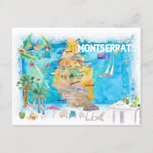 Montserrat Antilles Illustrated Caribbean Travel Postcard
