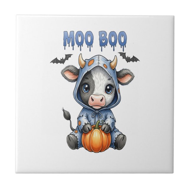 Moo Boo Halloween Cow Ceramic Tile (Front)