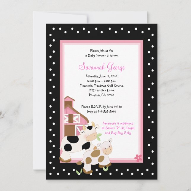 Moo Cow Farm Barnyard Baby Shower Invitations 5x7 (Front)