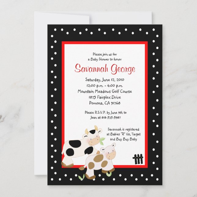 Moo Cow Farm Barnyard Baby Shower Invitations 5x7 (Front)