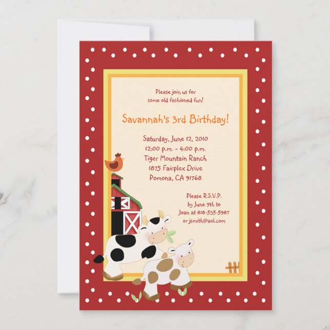 Moo Cow Farm Barnyard Country Birthday Invitations (Front)