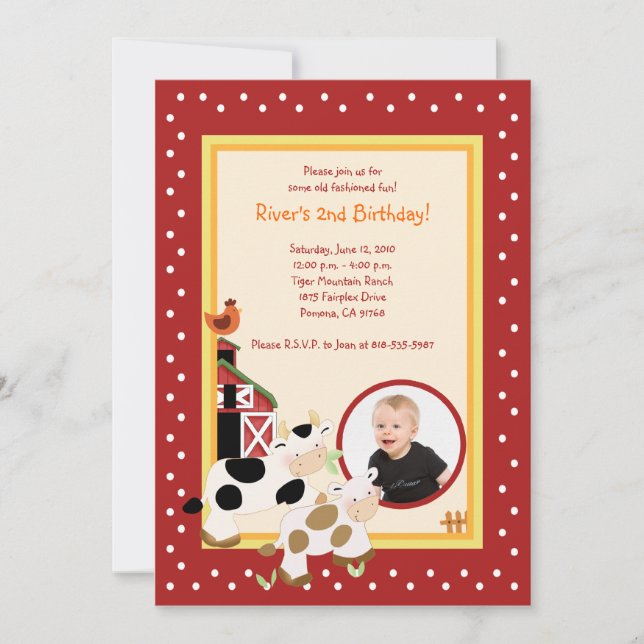 Moo Cow Farm Barnyard *PHOTO* Birthday Invitations (Front)