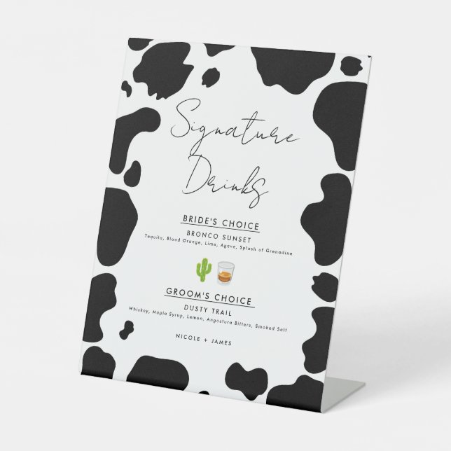 Moo Cow Spots Black White Wedding Signature Drinks Pedestal Sign (Front)
