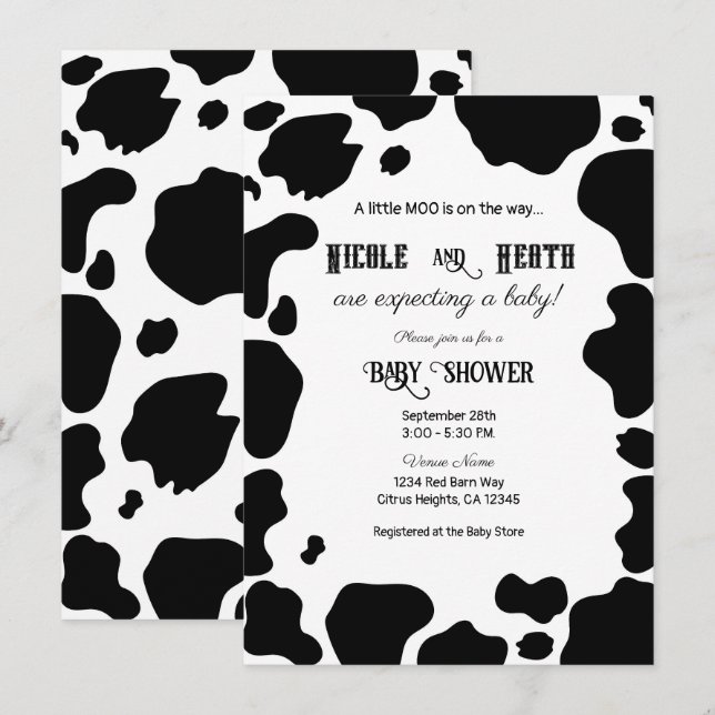 Moo Cow Spots Print Black & White Baby Shower Invitation (Front/Back)