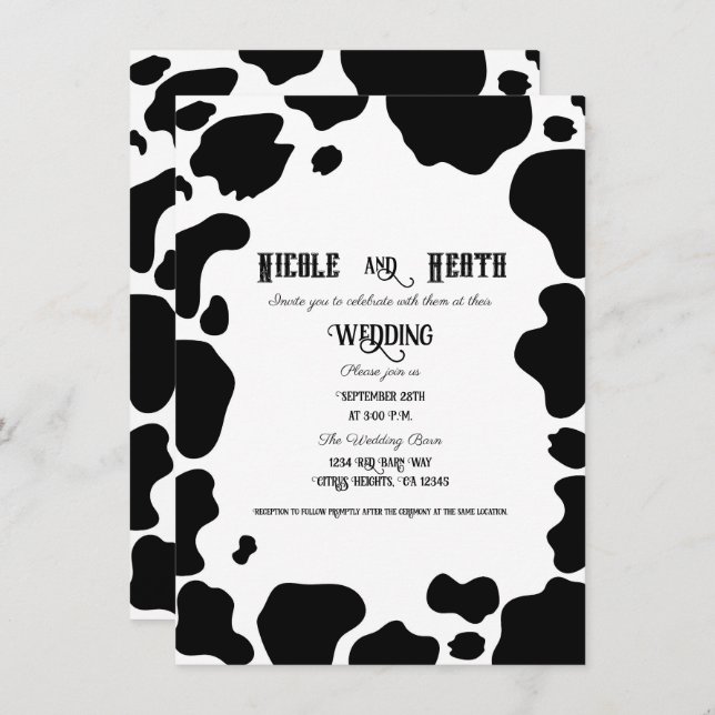 Moo Cow Spots Print Black & White Country Wedding Invitation (Front/Back)