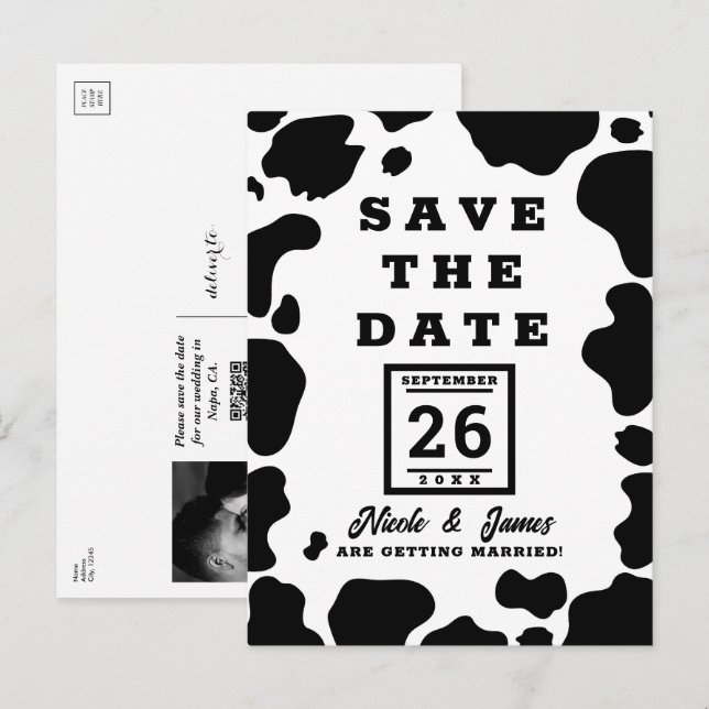 Moo Cow Spots Print Black & White Save the Date Announcement Postcard (Front/Back)