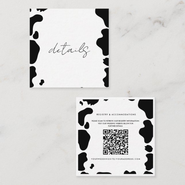 Moo Cow Spots Print Black & White Wedding Details Square Business Card (Front/Back)