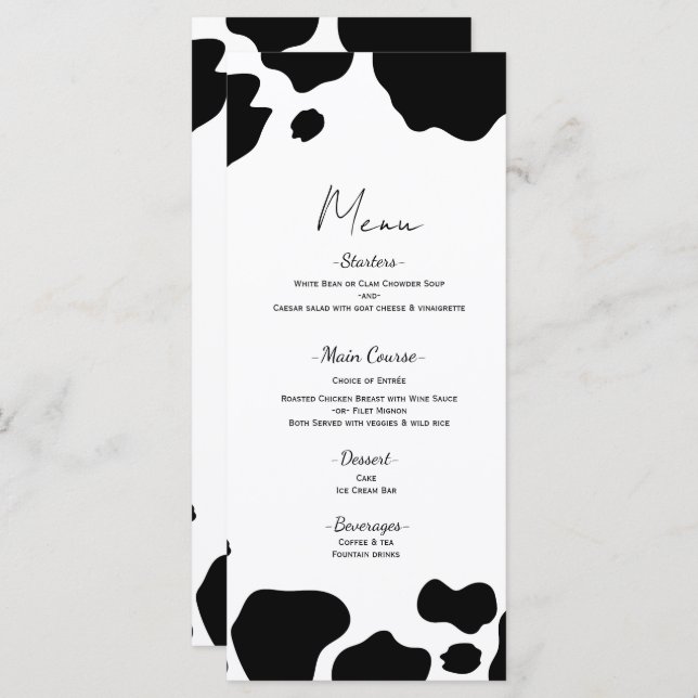 Moo Cow Spots Print Black White Wedding Menu (Front/Back)