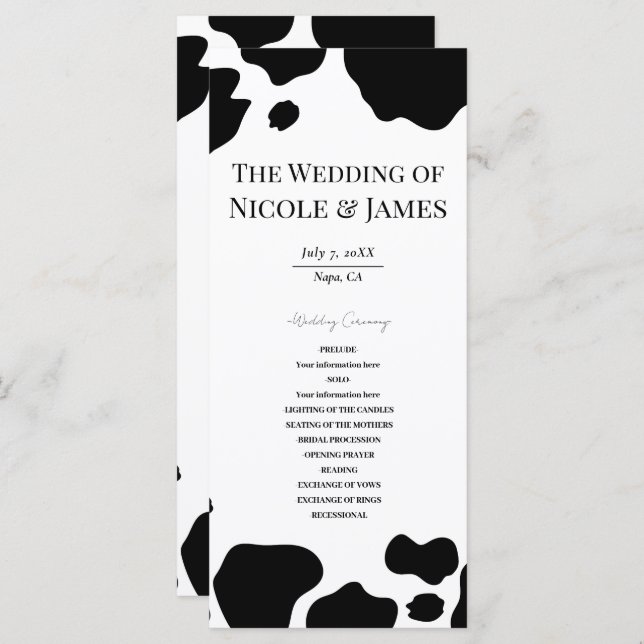 Moo Cow Spots Print Black White Wedding Program (Front/Back)