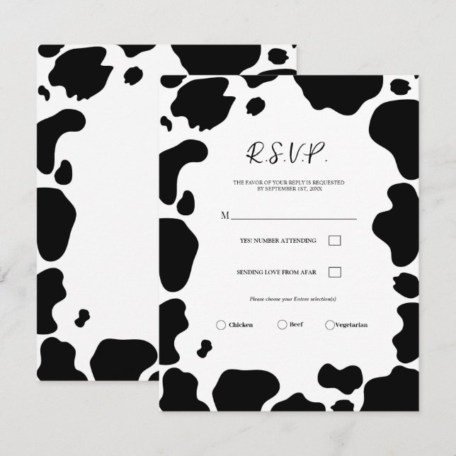 Moo Cow Spots Print Black & White Wedding RSVP Invitation (Front/Back)