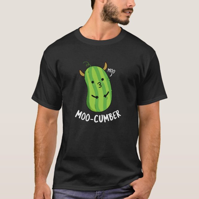 Moo-cumber Funny Veggie Cucumber Pun Dark BG T-Shirt (Front)