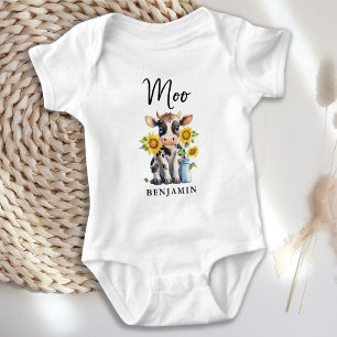 Moo Cute Cow Sunflowers Personalized Farm Animal Baby Bodysuit
