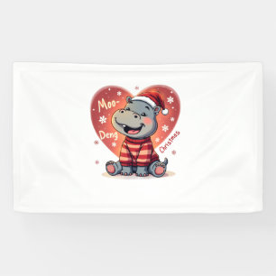 Moo-Deng Christmas Hippo Cute Holiday Cartoon Snow Banner