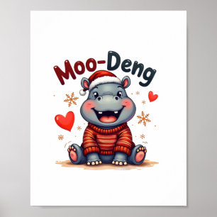 Moo-Deng Christmas Hippo Cute Holiday Cartoon Snow Poster