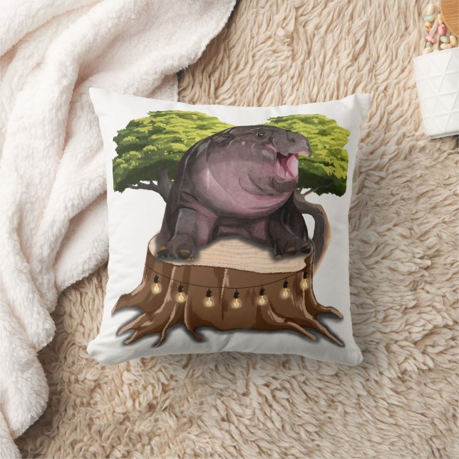 Moo Deng Hippo sits on a tree. Cushion (Blanket)
