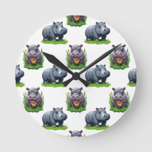 Moo Deng Hippopotamus Animal Pattern Design Round Clock