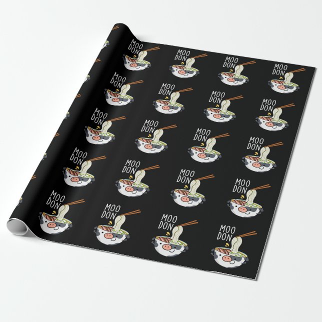 Moo-don Funny Udon Pun Dark BG Wrapping Paper (Unrolled)