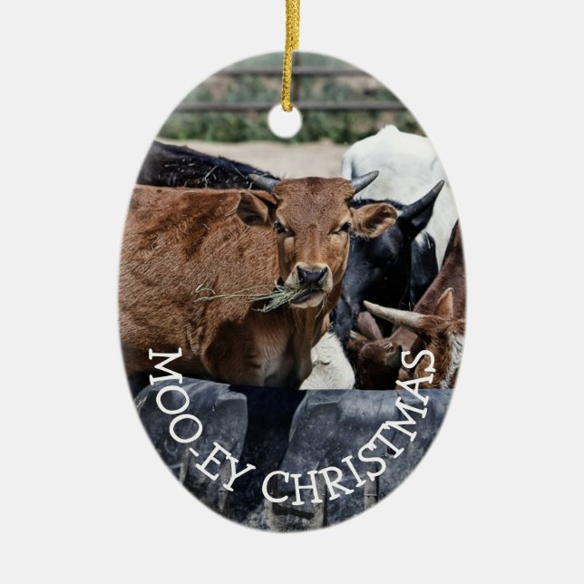 Moo-ey Christmas Funny Cow Holiday Ceramic Ornament (Front)