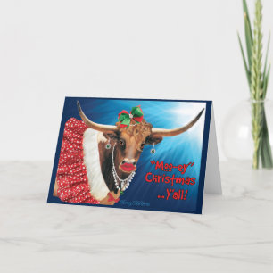 "MOO-ey" Christmas, Longhorn Cow Holiday Card