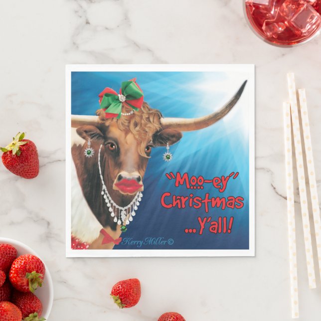 "MOO"-ey Christmas, Longhorn Cow Napkin (Insitu)