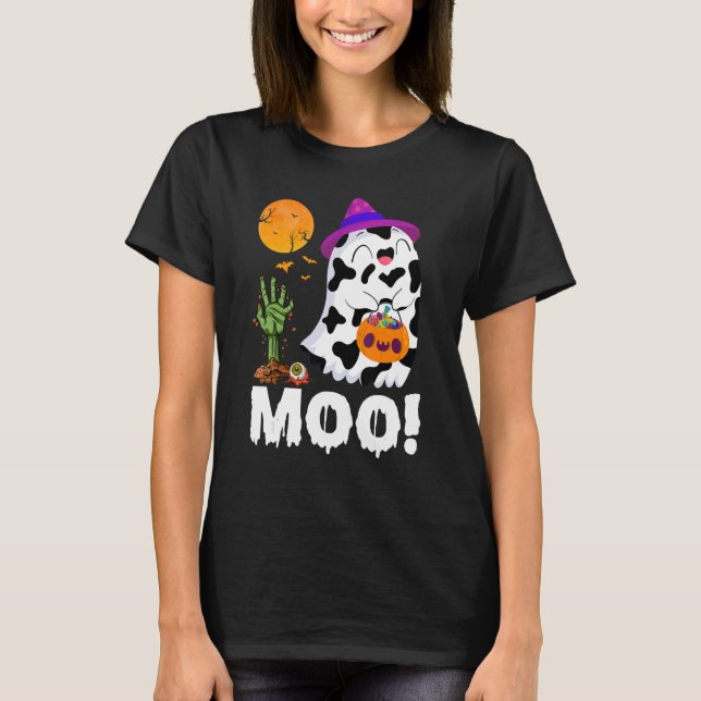 Moo Ghost Cow & Witch Hat Happy Halloween Costume  T-Shirt (Front)