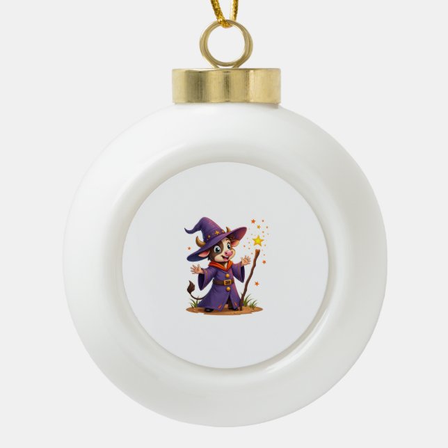 Moo-Gician the Cow Sorcerer Ceramic Ball Christmas Ornament (Front)